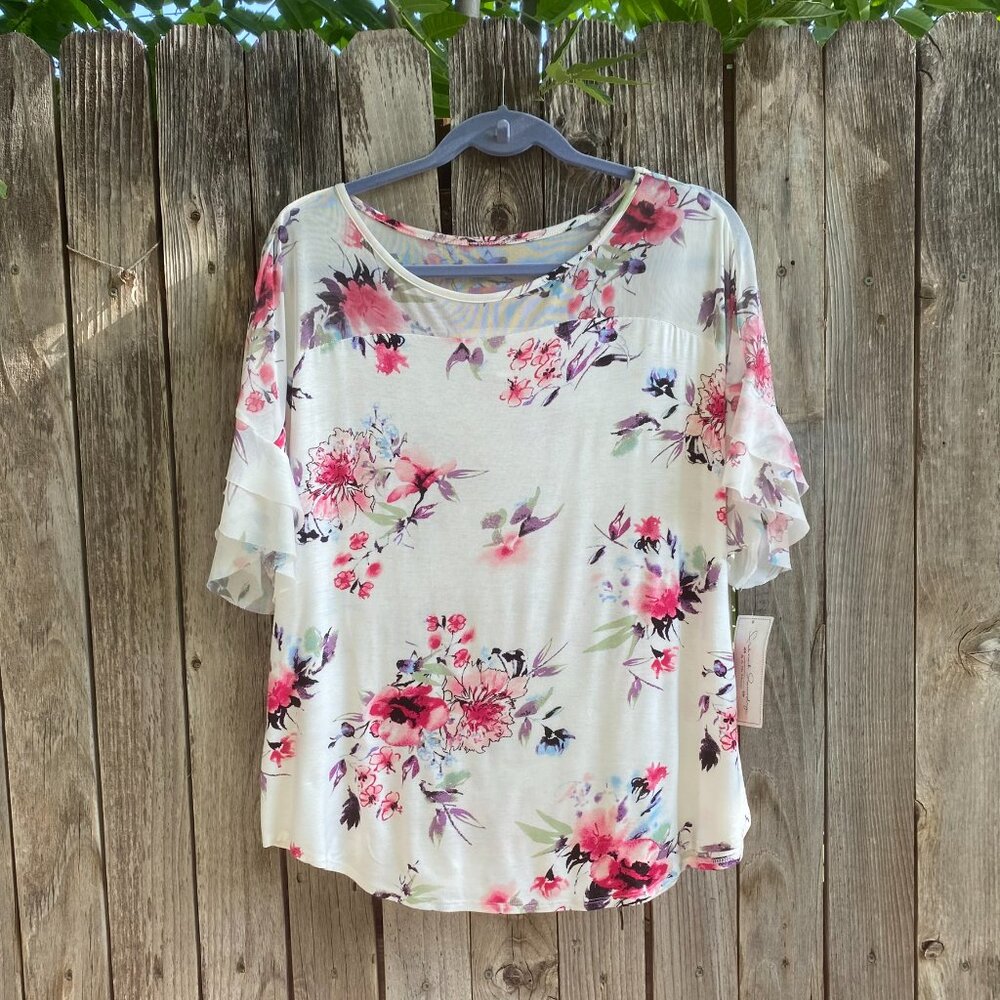 New French Laundry Top L Floral Mesh Yoke Blouse Rayon Stretch White Pink NWT